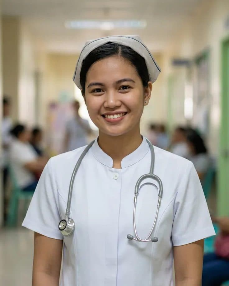 A Filipino nurse in a hospital corridor